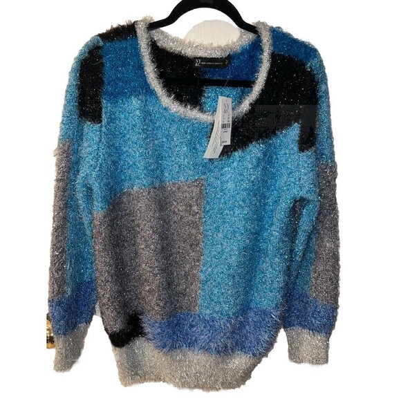 NEW YORK & COMPANY Sweater Womens Sz L Blue Shimmer eyelash colorblock Glam NEW - Picture 1 of 8